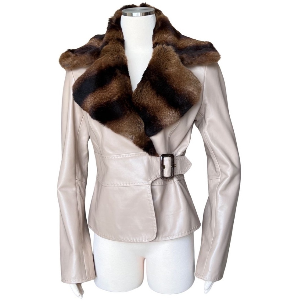 Cache Tan Leather Fitted Jacket W/Removable Fur Collar Size 10 NWT Rare Find!! - Picture 2 of 11